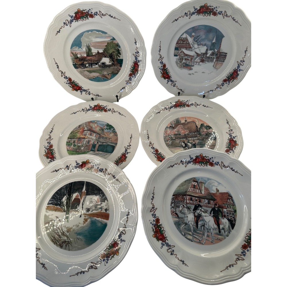 Sarreguemines France Obernai Henri Loux Porcelain Plates Set/6 Alsatian‎ Scenes